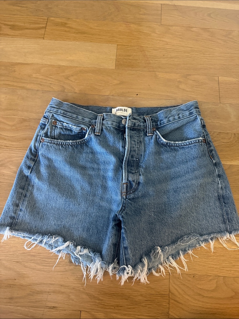AGOLDE Blue Denim Cutoff Shorts, Parker Long